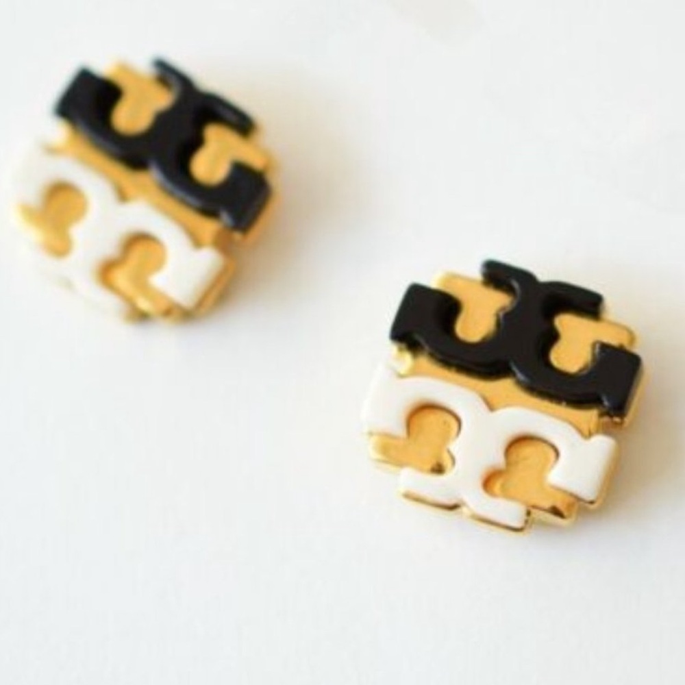Tory Burch Earrings Black White Logo Studs NEW $129 - Picture 4 of 4